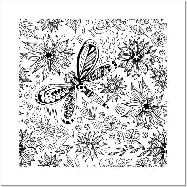 Dragonfly and flowers doodle Wall Art by katerinamk